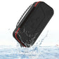 Black EVA shockproof case with red zipper trim, covered in water droplets for splash protection.