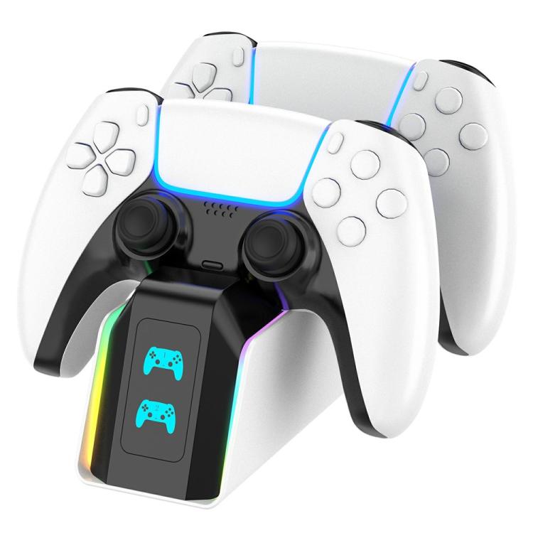 White PS5 controller charging dock with RGB light strips and charging slots