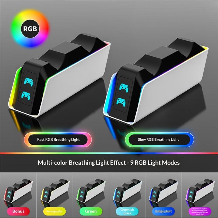 Black and white dual charging dock with RGB breathing light modes