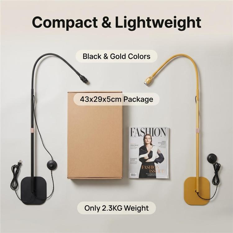 Black and gold UV LED gooseneck floor lamp, compact lightweight design