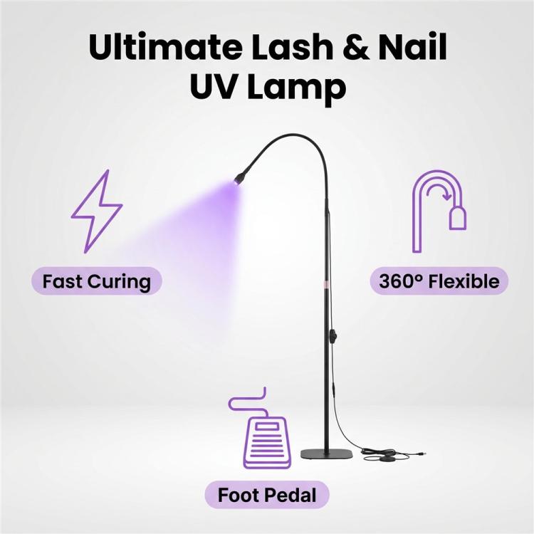 Black UV curing lamp with tall floor stand, flexible neck, and attached power cord