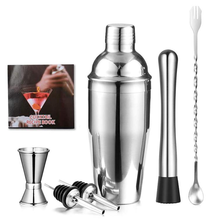 Stainless steel cocktail shaker set with tools: shaker, jigger, pourers, mixing spoon