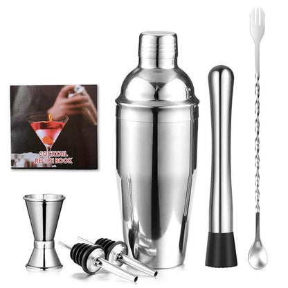 Stainless steel cocktail shaker set with tools: shaker, jigger, pourers, mixing spoon