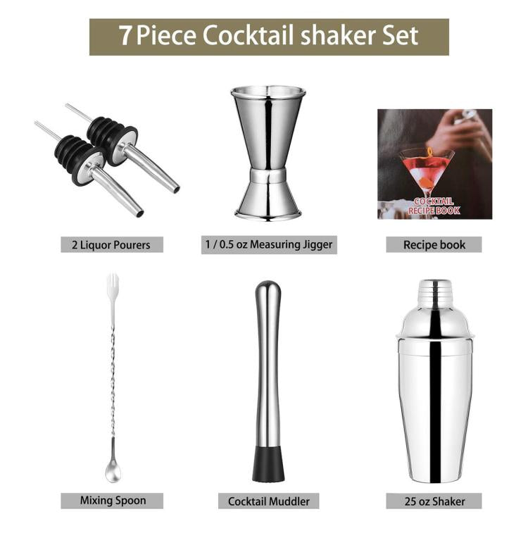 Stainless steel cocktail shaker set with jigger, pourers, mixing spoon, muddler