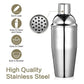 Stainless steel cocktail shaker with built-in perforated strainer and black base