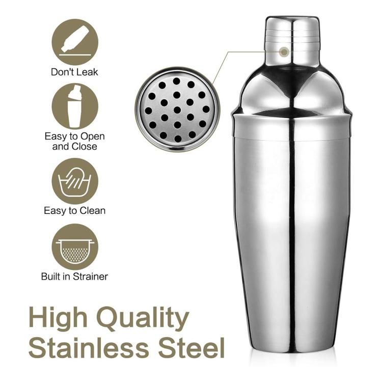 Stainless steel cocktail shaker with built-in perforated strainer and black base