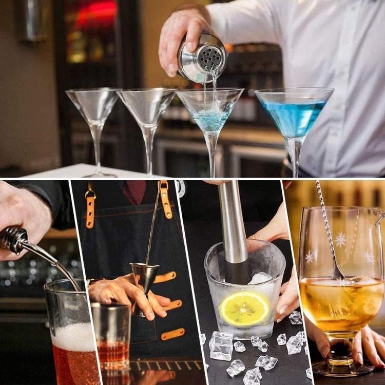 Stainless steel cocktail shaker with strainer pouring cocktails into glasses