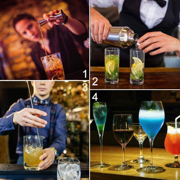 Stainless steel cocktail shaker pouring mixed drinks into cocktail glasses