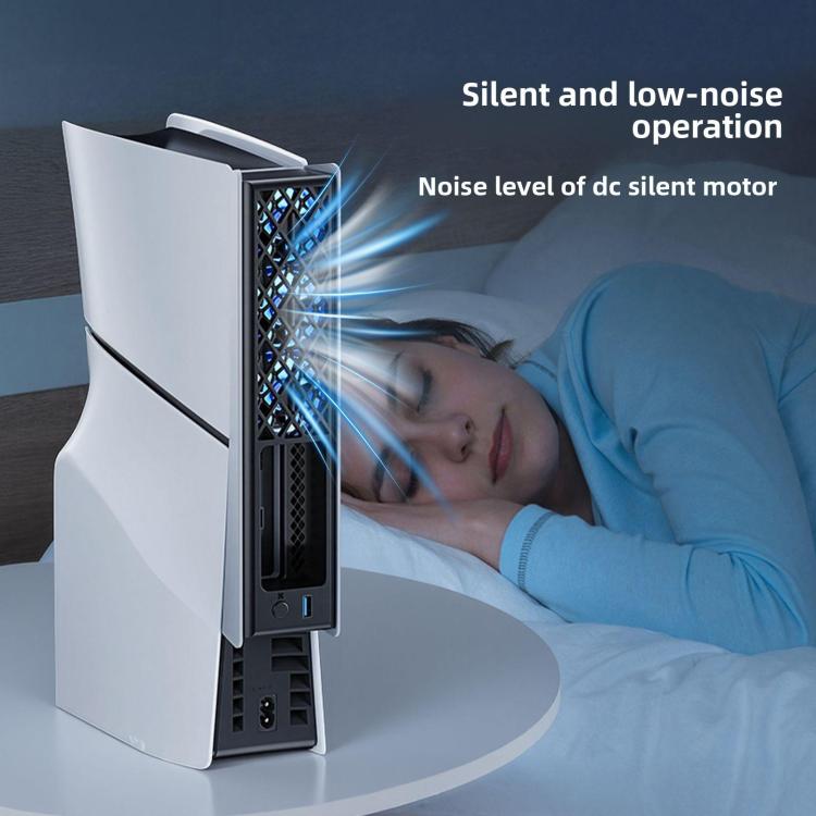 PS5 rear cooling fan attachment with blue LED grille showing airflow from the rear