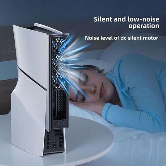 PS5 rear cooling fan attachment with blue LED grille showing airflow from the rear