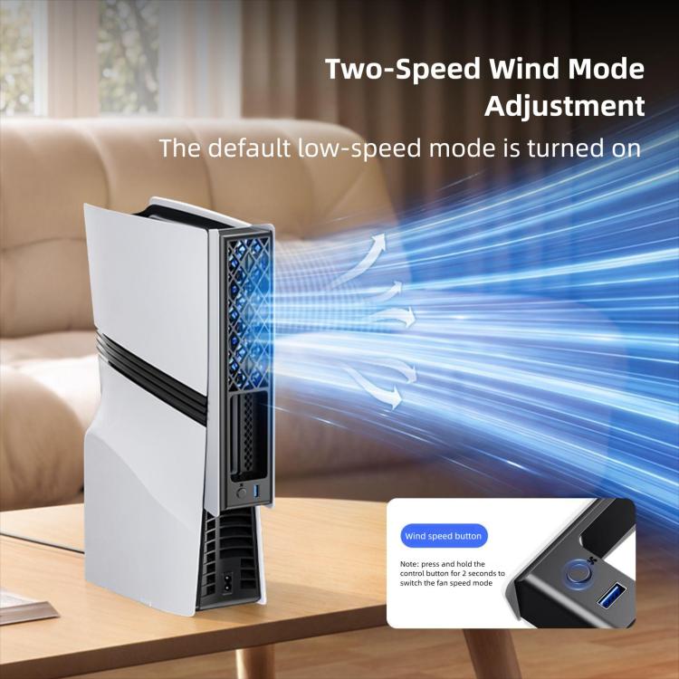 Two-speed PS5 rear cooling fan, white mount with blue airflow and speed control button