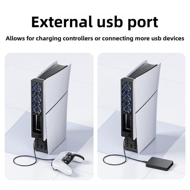 PS5 rear cooling fan with external USB port, supports charging controllers or devices