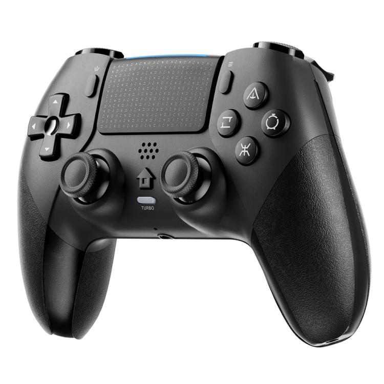 Black wireless game controller with twin analog sticks and D-pad buttons