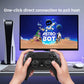 Black game controller in hands with front grip, sticks, and action buttons