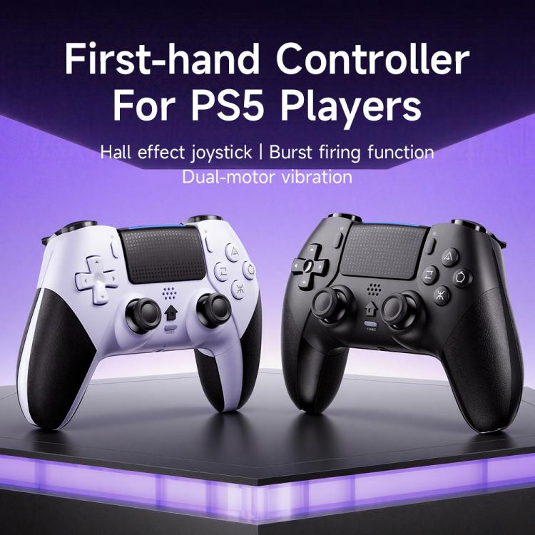 Set of white and black wireless game controllers with dual sticks and action buttons