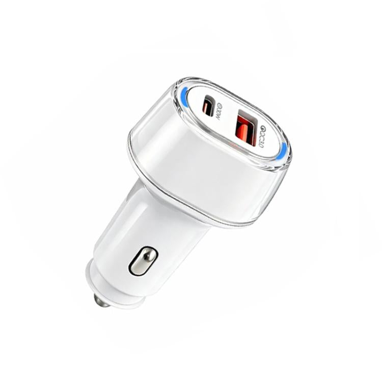 White car charger with chrome ring and PD/QC USB port, compact, no cable