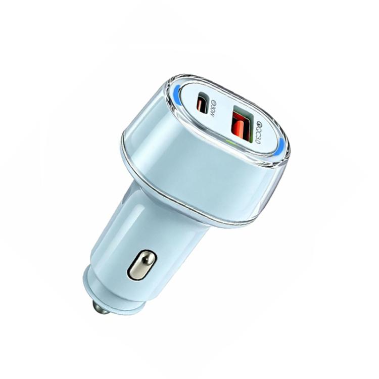 Light blue car charger with chrome ring and PD/QC USB port, compact, no cable