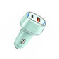 Mint green car charger with chrome ring and PD/QC USB port, compact, no cable