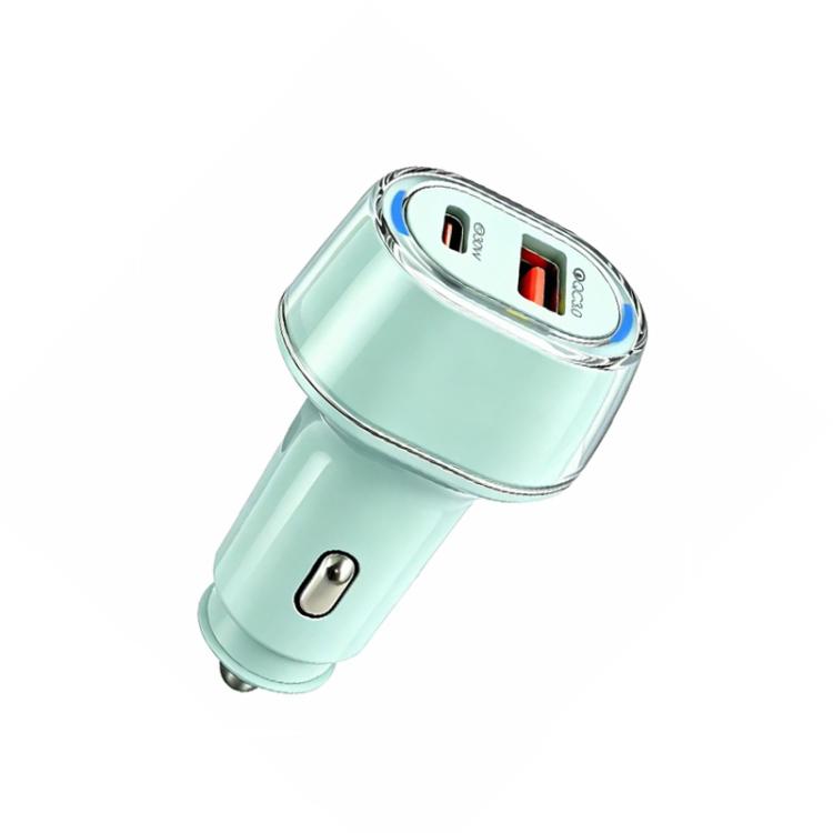 Mint green car charger with chrome ring and PD/QC USB port, compact, no cable