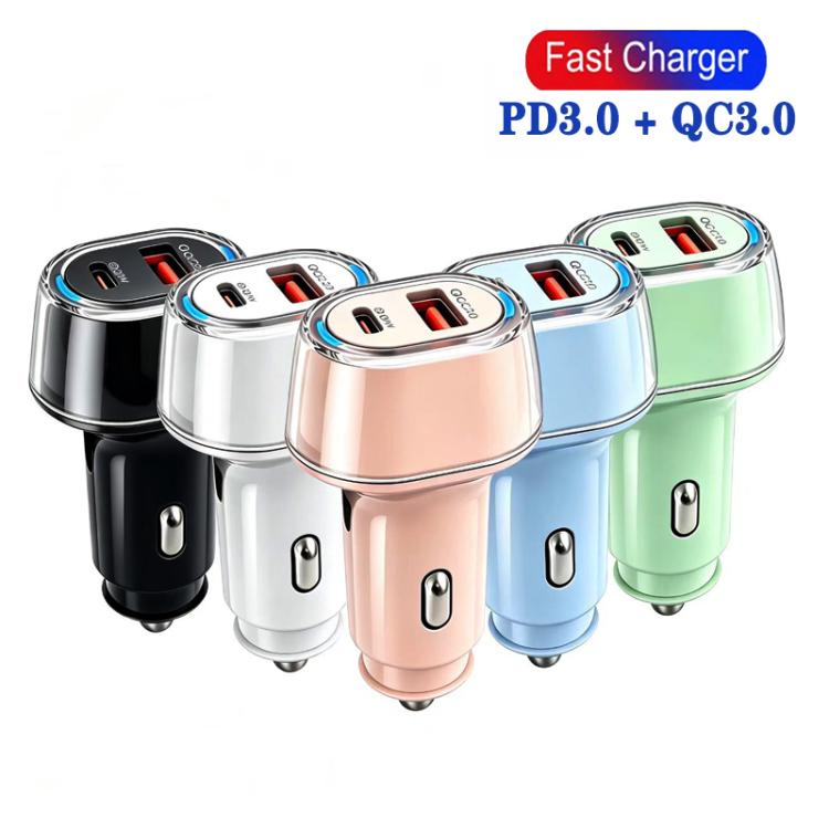 Multi-color set of car chargers with chrome tops and PD/QC USB ports