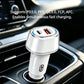 White car charger with PD/QC USB ports plugged into a car power socket