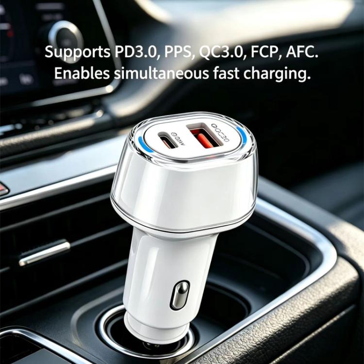 White car charger with PD/QC USB ports plugged into a car power socket