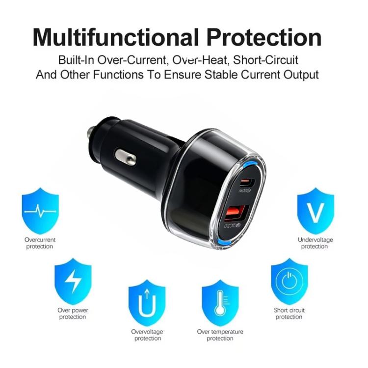 Black car charger with PD/QC USB ports and built-in protection features