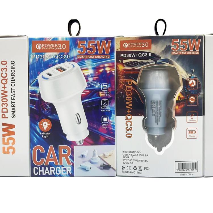 55W car charger retail box showing PD 3.0 and QC 3.0