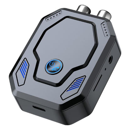 Bluetooth audio transceiver adapter with blue power button, AUX/RCA ports, and TF slot