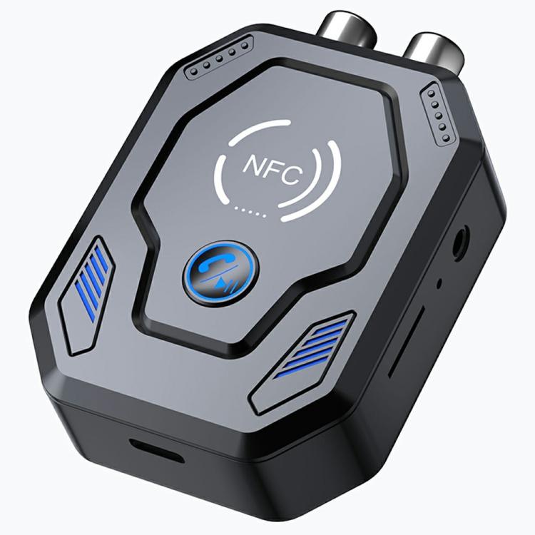 Black Bluetooth audio transceiver with NFC symbol and blue power button, dual antenna ports