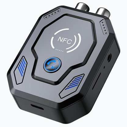 Black Bluetooth audio transceiver with NFC symbol and blue power button, dual antenna ports