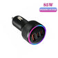 Black car charger with two USB ports and purple-blue LED power ring
