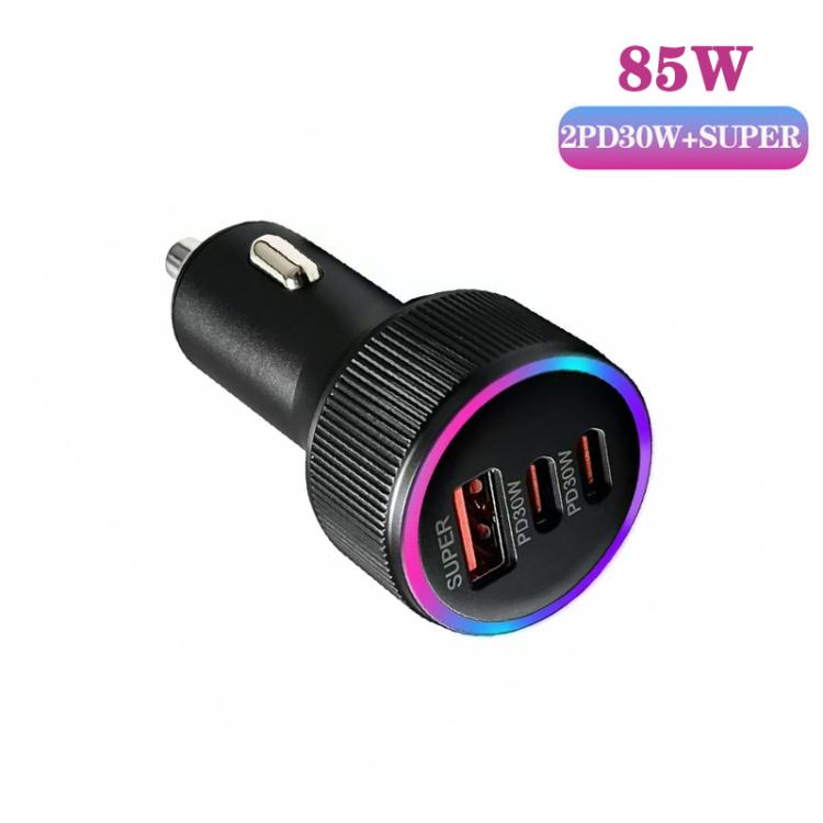 Black car charger with two USB ports and purple-blue LED power ring
