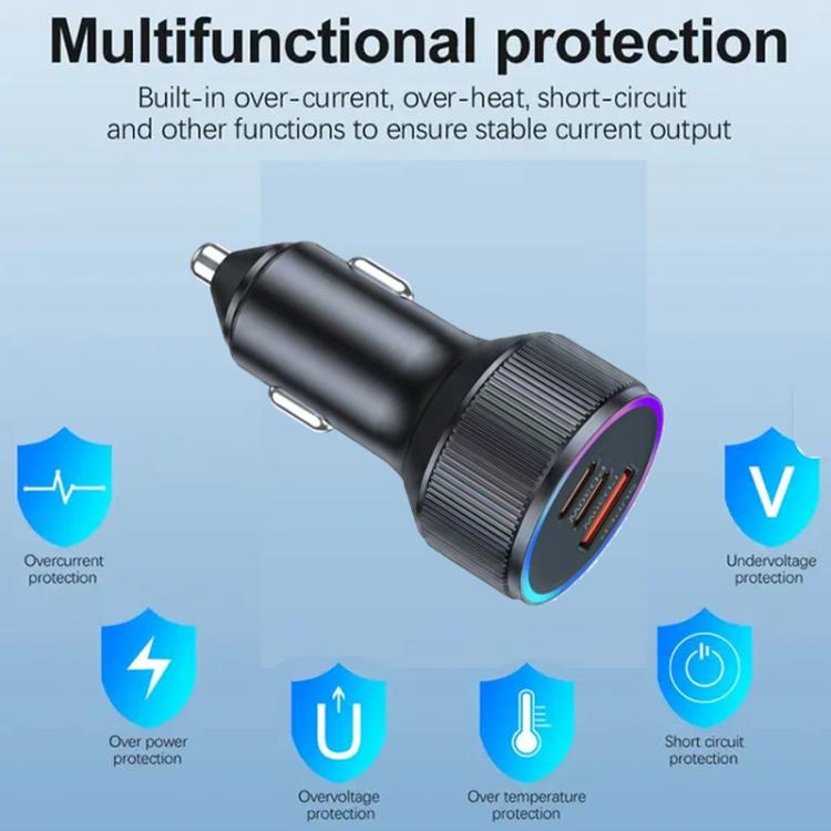 Black car charger showing built-in safety protection icons on package art