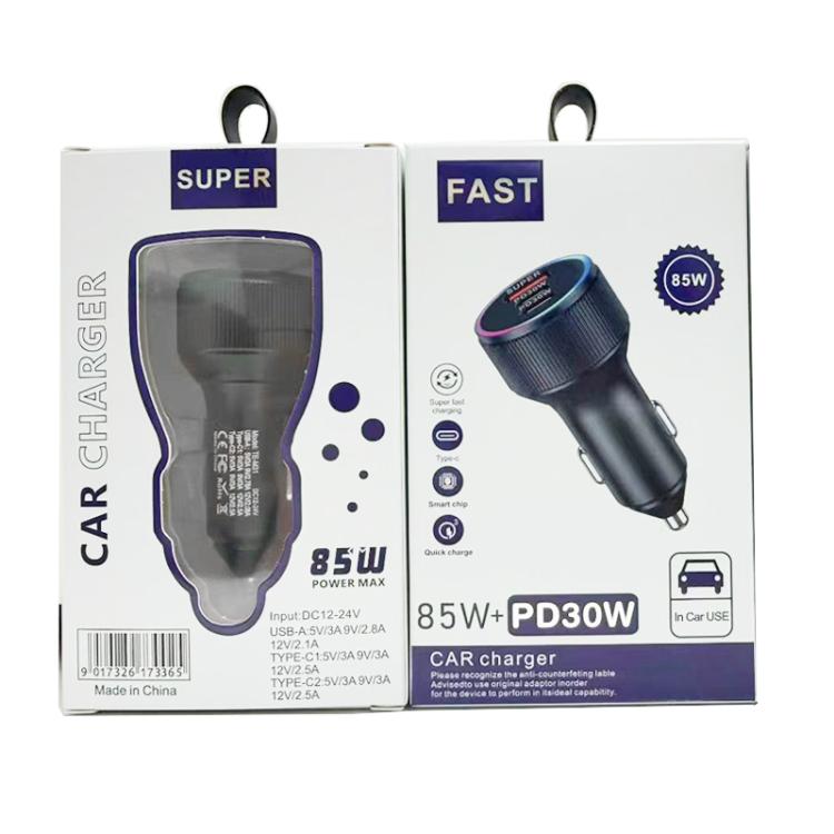 85W car charger retail box with charger image and port specifications