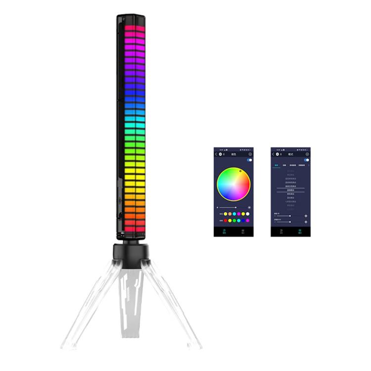 RGB music sync ambient pickup lamp with clear tripod stand and vertical rainbow LED bar