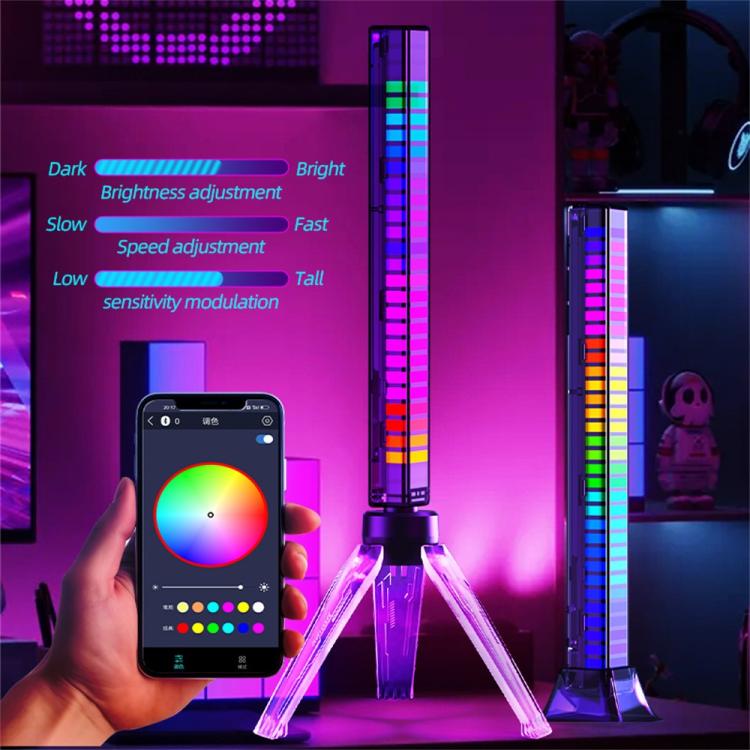 RGB music sync ambient lamp on clear tripod with vertical rainbow LED bar, phone app visible
