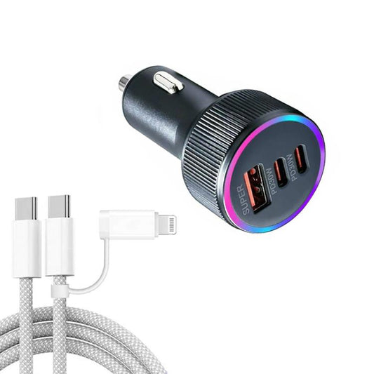 M31 Aluminum Alloy 85W PD30W x 2 + QC3.0 Car Charger with Type-C / 8 Pin Data Cable
