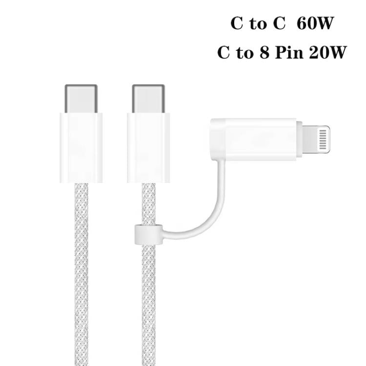Braided charging cable set with white Type-C to Type-C and Type-C to 8-pin ends