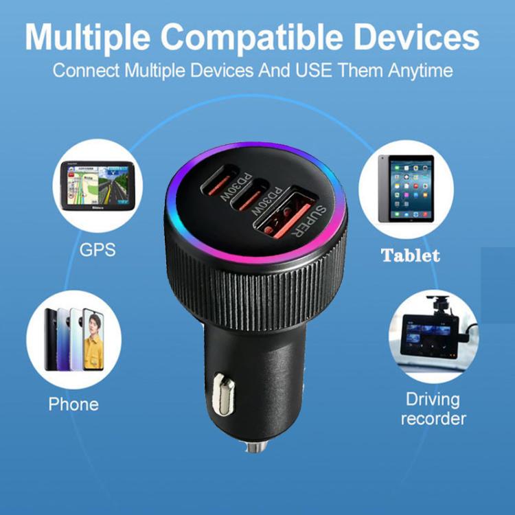 Black car charger with LED ring and dual ports for charging phones and tablets
