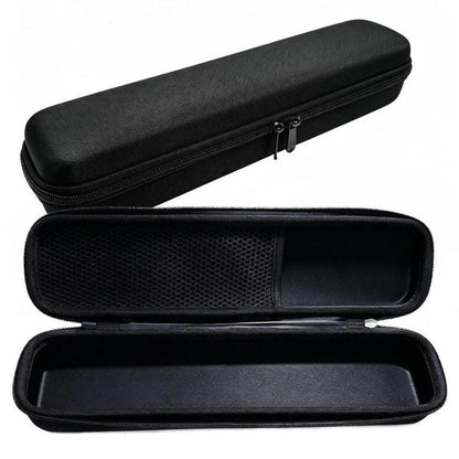 Black portable document scanner storage bag with zippered hard-shell case, open view.
