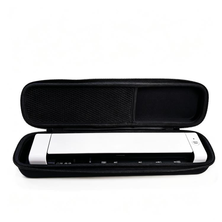 Black document scanner storage bag with textured interior panel and zip closure, open.