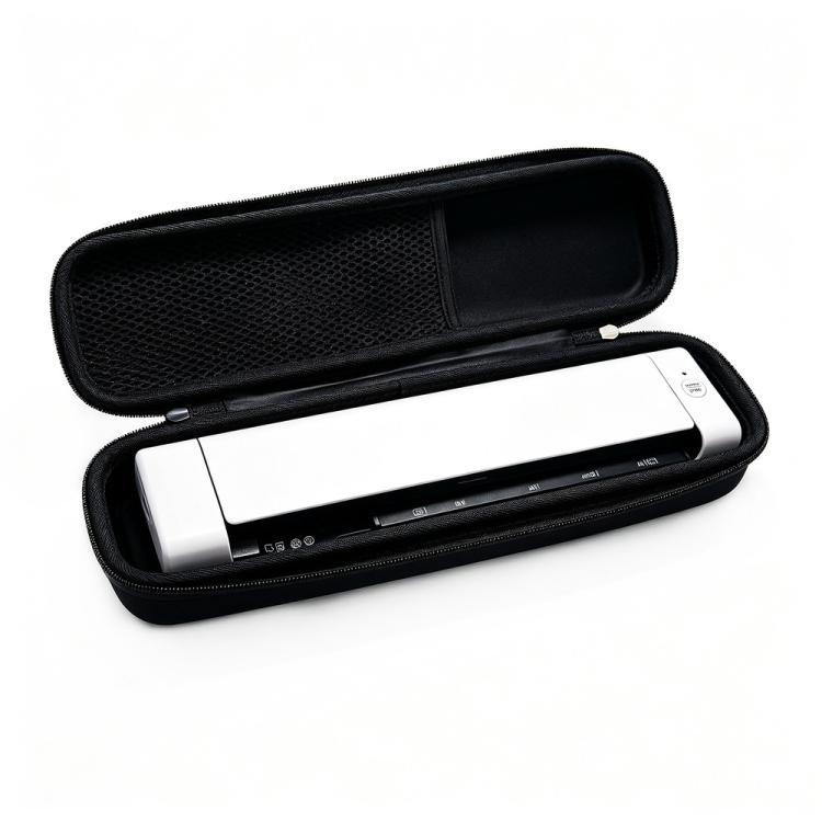 Black zippered scanner storage case holding a portable document scanner, partially shown.