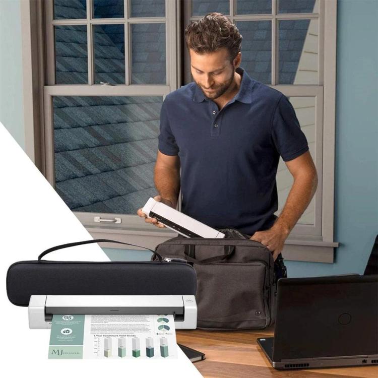 Black document scanner storage bag opened on desk with portable scanner inside.