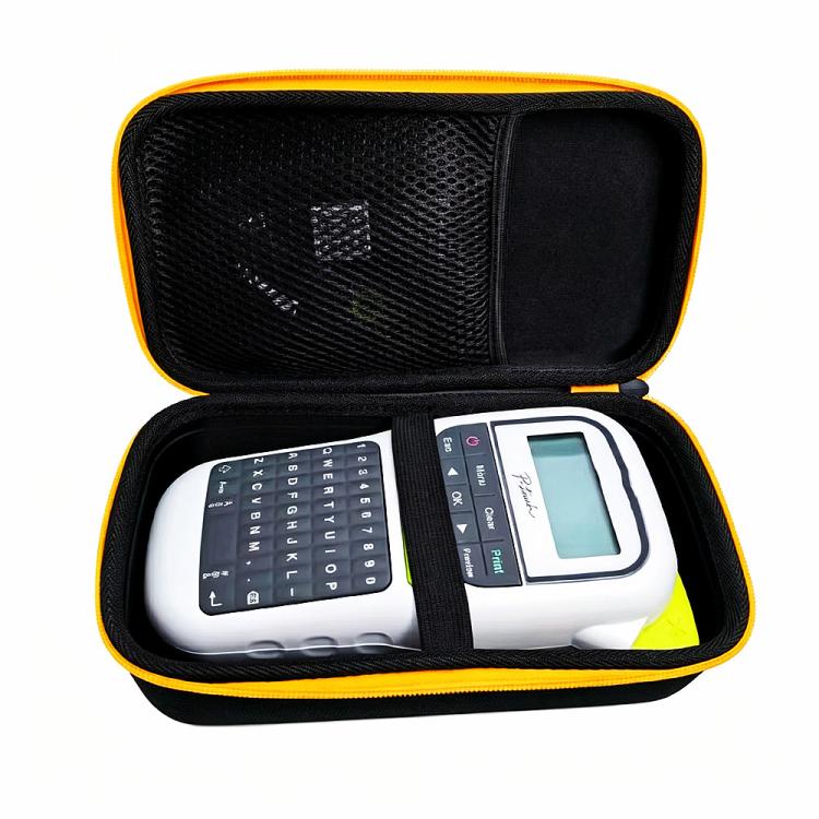Black label maker storage case with mesh panel divider and elastic strap inside