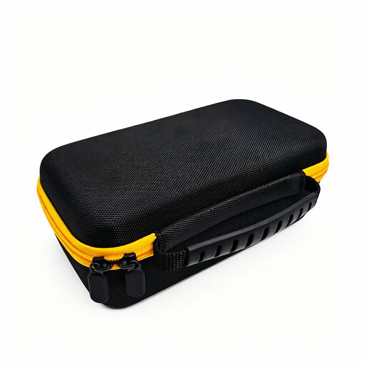 Black textured label maker storage case with zipper and yellow-edged carry handle
