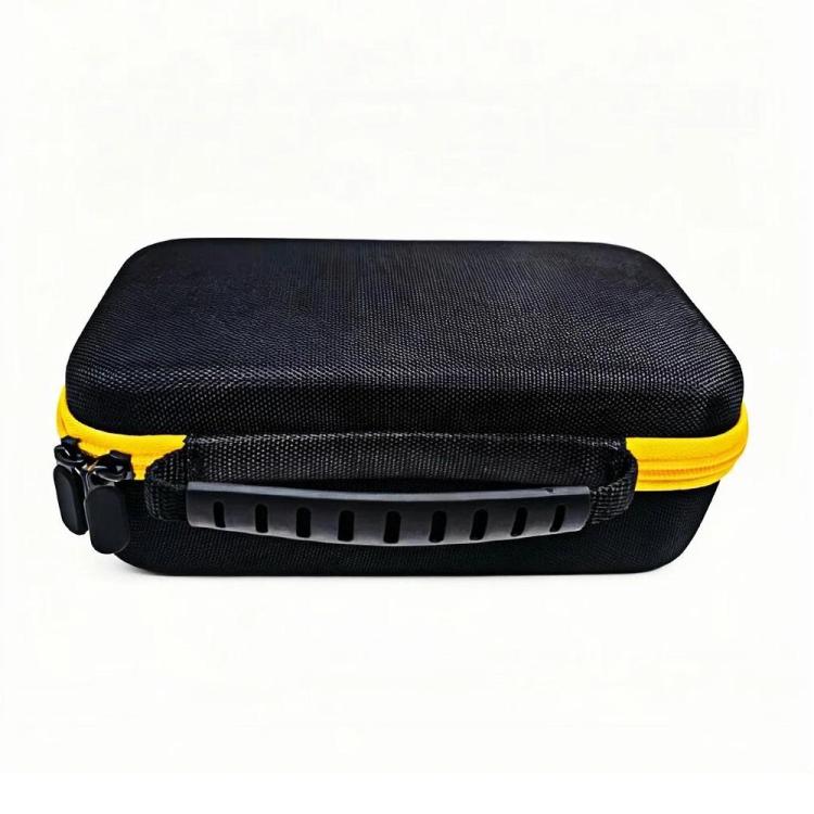 Black zippered label maker storage bag with yellow trim and side accessory strap