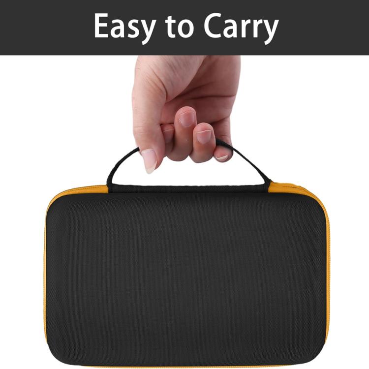 Black label maker storage bag with top carry handle loop and yellow piping