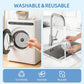 Washable reusable grey mop pads being rinsed by hand