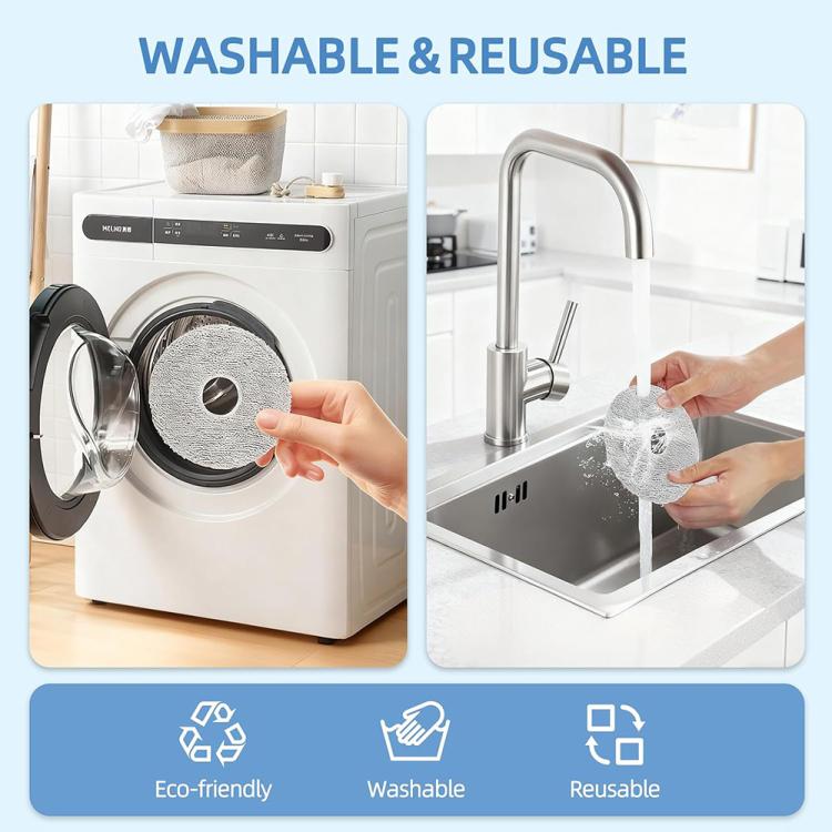 Washable reusable grey mop pads being rinsed by hand